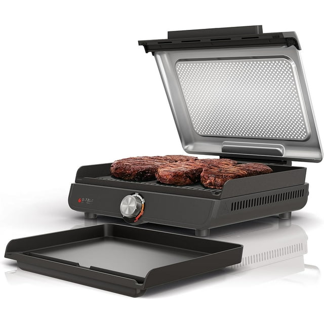 CvNinja GR101 Sizzle Smokeless Indoor Grill & Griddle, 14'' Interchangeable Nonstick Plates, Dishwasher-Safe Removable Mesh Lid, 500F Max Heat, Even Edge-to-Edge Cooking, Grey/Silver