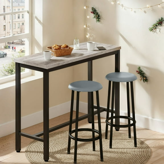 Cvortll 3-Piece Bar Table and Chairs Set, White Faux Marble High Top Pub Table with 2 PU Leather Stools, Tall Bar Table for Kitchen & Dining, Breakfast Bar Table for Small Spaces