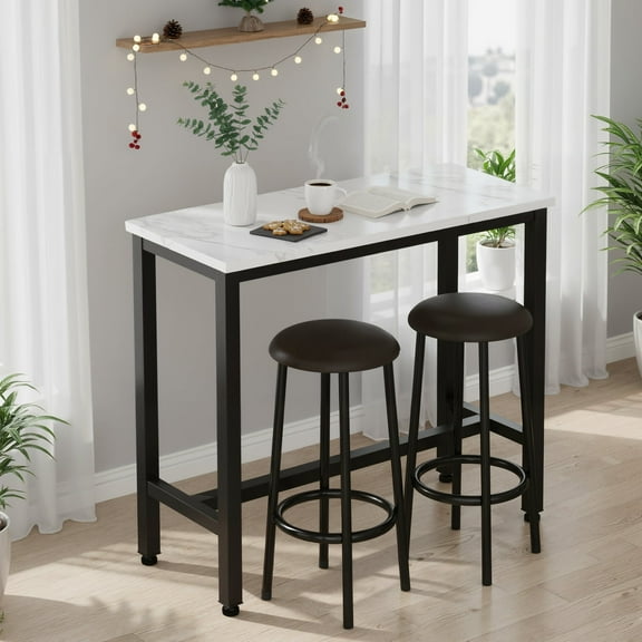 Cvortll 3-Piece Bar Table and Chairs Set, White Faux Marble High Top Pub Table with 2 PU Leather Stools, Tall Bar Table for Kitchen & Dining, Breakfast Bar Table for Small Spaces