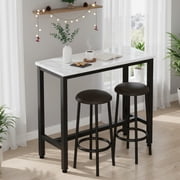 Cvortll 3-Piece Bar Table and Chairs Set, White Faux Marble High Top Pub Table with 2 PU Leather Stools, Tall Bar Table for Kitchen & Dining, Breakfast Bar Tabl