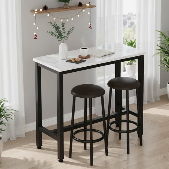 Cvortll 3-Piece Bar Table and Chairs Set, White Faux Marble High Top Pub Table with 2 PU Leather Stools, Tall Bar Table for Kitchen & Dining, Breakfast Bar Table for Small Spaces