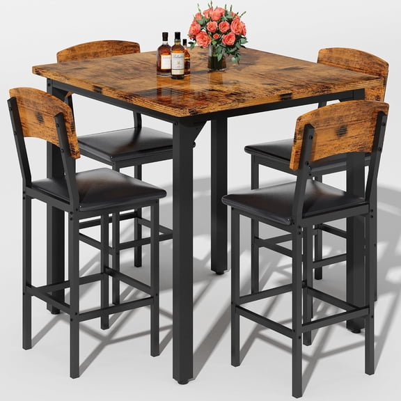 Cvortll 5-Piece Dining Table Set for 4,Modern Dining Table with 4 Upholstered Bar Stools,Compact Kitchen Dining Set for Small Spaces,Walnut