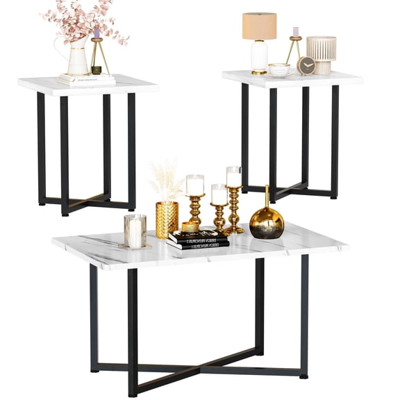 Cvortll Coffee Table Sets 3-Pieces, Modern Faux Marble Coffee Table with 2 Square End Side Tables, Large Sturdy Coffee Table Set for Living Room, White