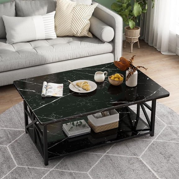 Cvortll Coffee Table with Storage, 2-Tier Modern Center Table for Living Room, [Faux Marble / Grey Wood] Rectangular Tea Table with Safety Rounded Corners, 39" Black
