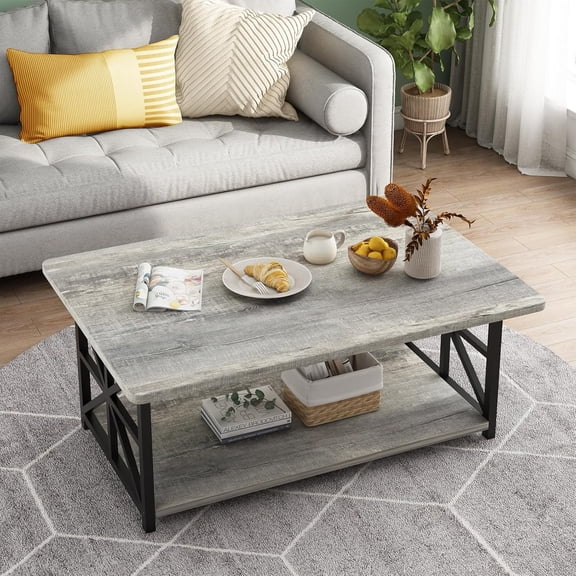Cvortll Coffee Table with Storage, 2-Tier Modern Center Table for Living Room, [Faux Marble / Grey Wood] Rectangular Tea Table with Safety Rounded Corners, 39" Grey