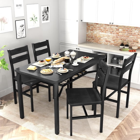 Cvortll Farmhouse Dining Table Set for 4, Wood Kitchen Table Chairs Set with Storage, Space-Saving Dinette Set for Breakfast Nook (Black)
