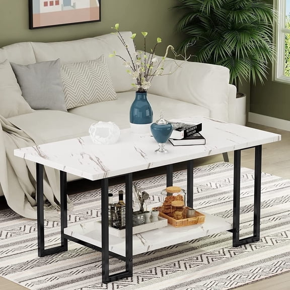 Cvortll Faux Marble Coffee Table With Metal Frame,Coffee Tables for Living Room With Storage,Durable and Dirt Resistant, Easy to Clean,White