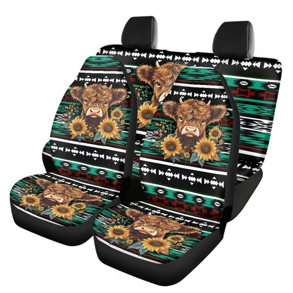 Cxdvotvy Highland Cow Print Car Seat Cover Full Set, Sunflower Aztec Print Breathable Car Front Back Seat Cover, Stretchy Car Seats Protector, Universal Car Accessories for Interior C88