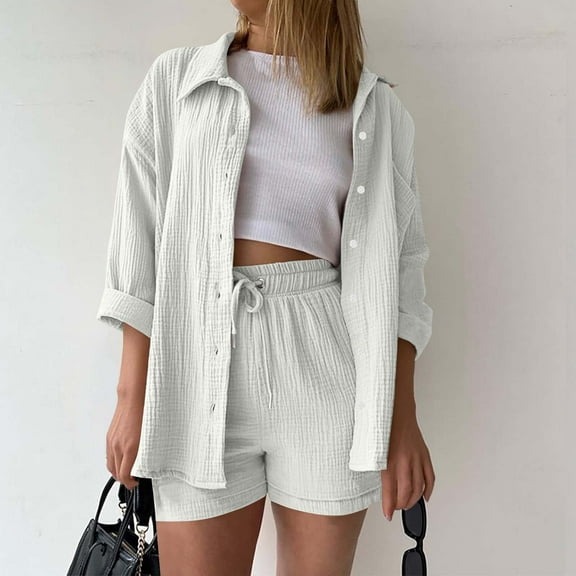 Cxenplz 2 Piece Summer Outfits for Women Set Oversized Wrinkle Long Sleeve Button Down Shirts and Drawstring Shorts Beach Outfit Sets