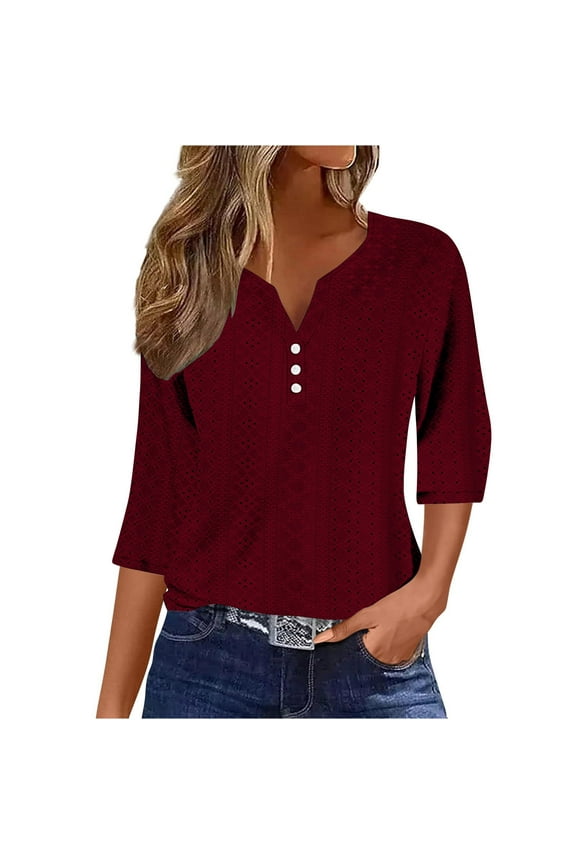 3/4 Sleeve Tops for Women Crochet Tops for Women Henley Shirts for Women Pullover Blouse Solid Color Notch Neck Blouse Spring Summer Eyelet Tops for Women