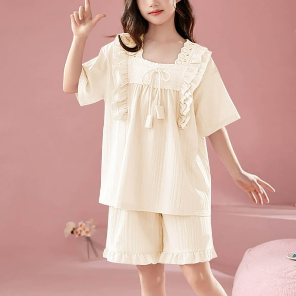 Cxenplz 4-18Y Girls Cotton Pajama Sets Short Sleeve Square Neck Ruffle Loungewear Soft Comfy Cute Night gown Outfit