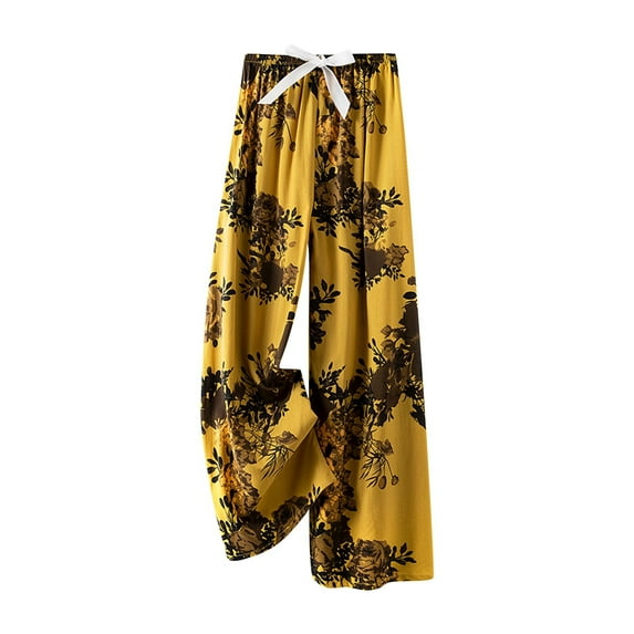 Cxenplz Boho Pants Palazzo Pants Flowy Pants for Women Elastic Waist Pants Leaf Graphic Printed Pants Soft Casual Pants