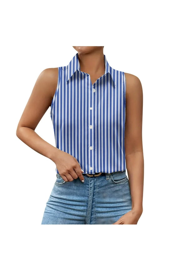 Collared Halter Tops for Women Sleeveless Print Turdown Tank Top Button Up Striped Blouse