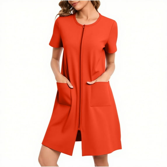 Cxenplz Women's Zipper Up Robe Short Sleeves Nightgown Zip Front Cotton Housecoat Soft Short Bathrobe with Pockets