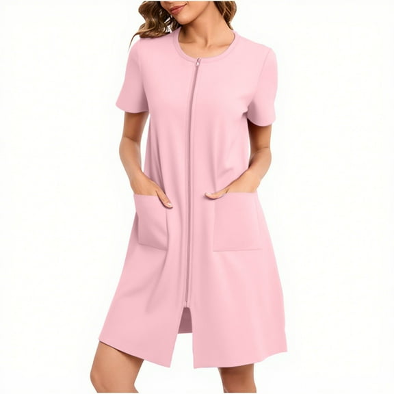 Cxenplz Women's Zipper Up Robe Short Sleeves Nightgown Zip Front Cotton Housecoat Soft Short Bathrobe with Pockets