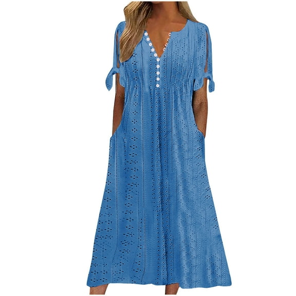 Cxenplz Fashion Women Casual V-Neck Mid Sleeve Dresses Comfort Loose Button-down Long knit skirt Summer Dresses for Women