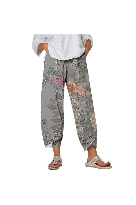 Ladies Harem Pants Summer Lightweight Cozy Loose Fitting Khaki Pants Straight Legs Flower Embroidary Fashion Knitted Capris Pants for Women