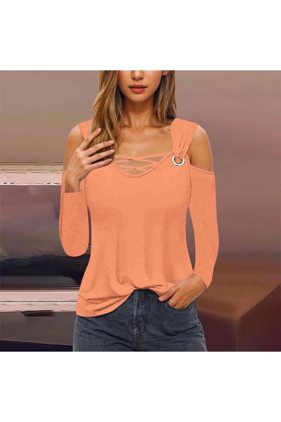 Long Sleeve Shirts for Women Fall Fashion Cold Shoulder Tops V Neck Solid Tshirt Loose Comfy Blouses