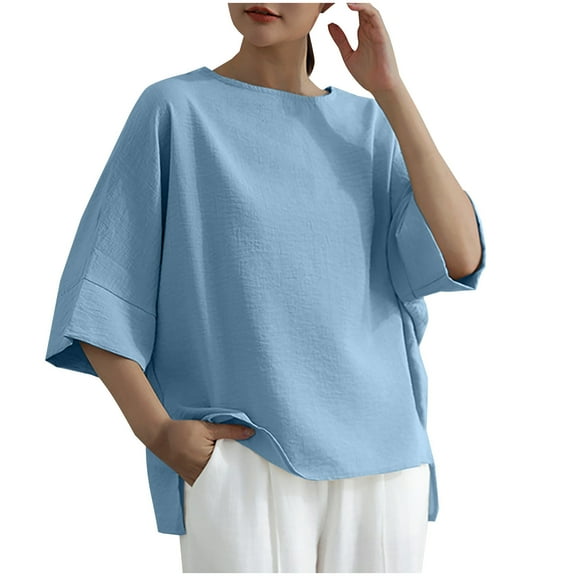 Cxenplz Loose Tshirts for Women Lightweight Breathable Solid Color Summer Shirts Kimono Sleeved 3/4 Sleeve Shirts Graceful Chiffon Linen Shirts for Women