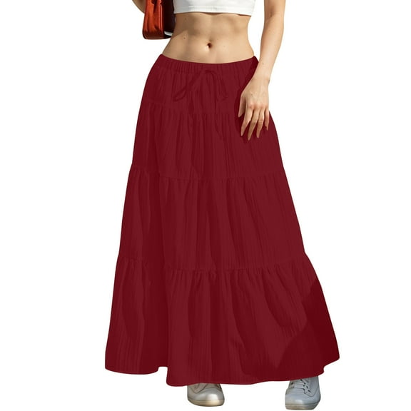 Cxenplz Maxi Skirts for Women Tiered Maxi Skirt Boho A-line Flowy Long Dress Loose Elastic High Waisted Y2k Skirts