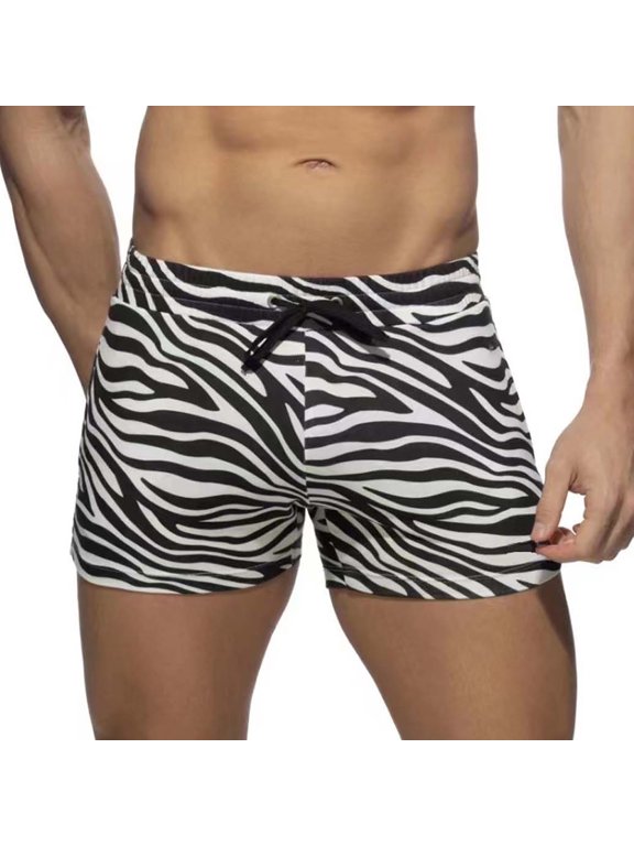 Mens Swim Trunks Cozy Elastic Waist Drawstring Boxer Shorts Patchwork Inseam Swimshorts Super Soft Zebra Striped Print Shorts Beach Undershorts