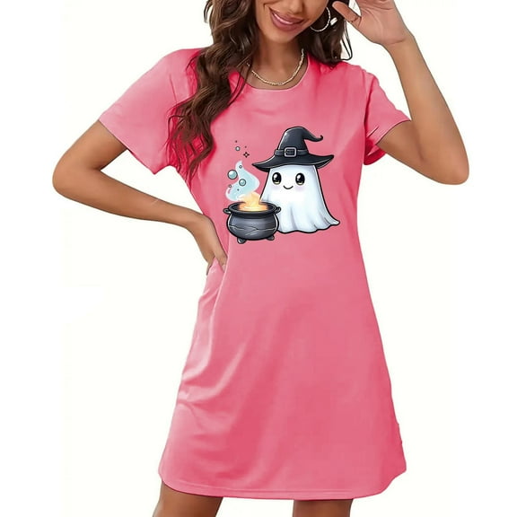 Cxenplz Nightgowns for Women Short Sleeve T Shirt Sleep Dress Comfy Round Neck Sleepshirt Sleepwear Halloween Print Lounge Pullovers Nightshirt on Clearance