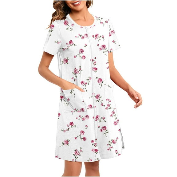 Cxenplz Nightgowns for Women Casual Print Zipper Robes Short Sleeve Lounge Bathrobe Lightweight House Coat with Pockets S-XXL