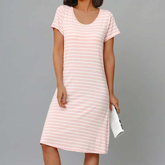 Cxenplz Nightgowns for Women Short Sleeves Sleep Shirt Stripes Crew Neck Night Shirt Colorblock Sleep Dress
