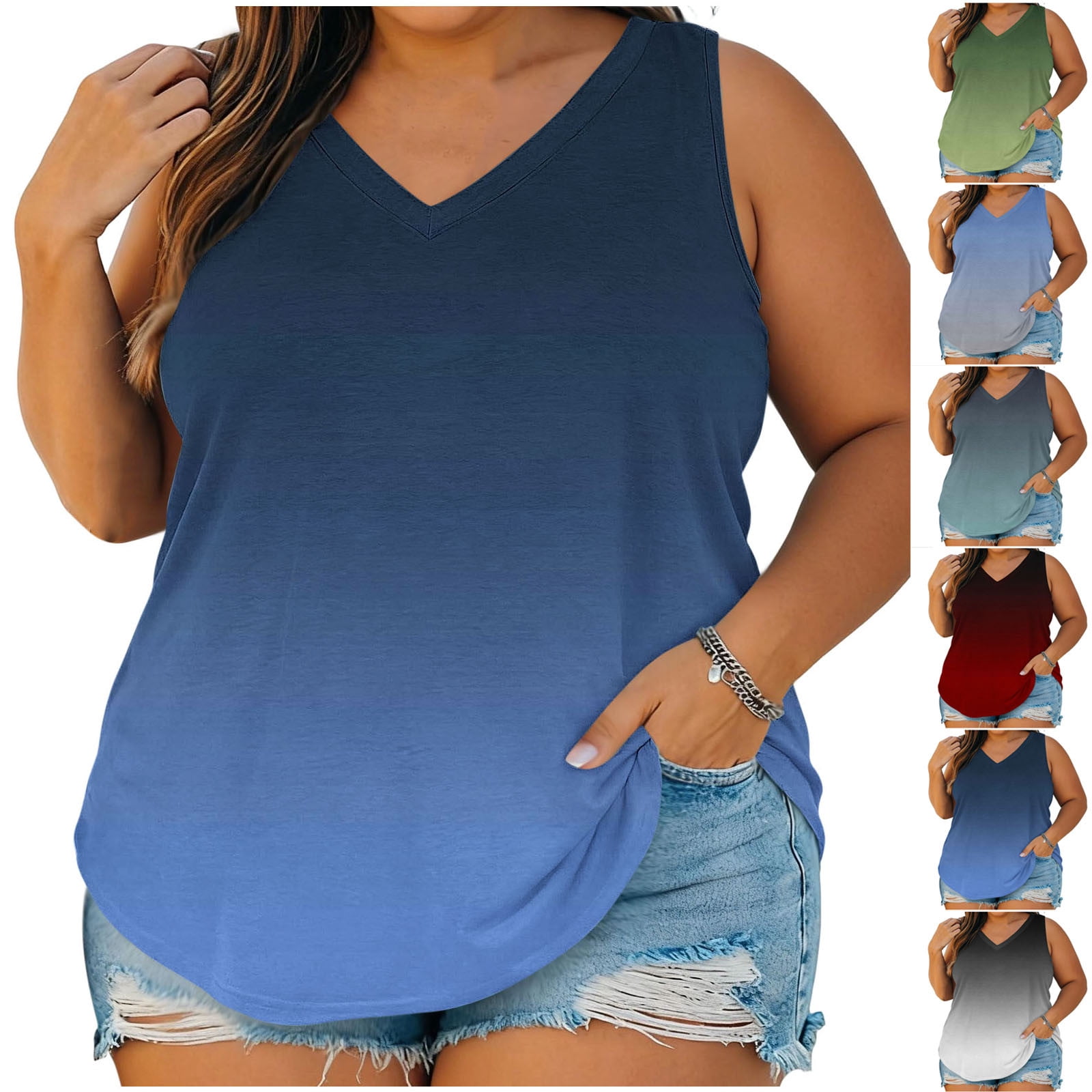 Cxenplz Plus Size Womens Gradient Color V Neck Sleeveless Tank Top ...