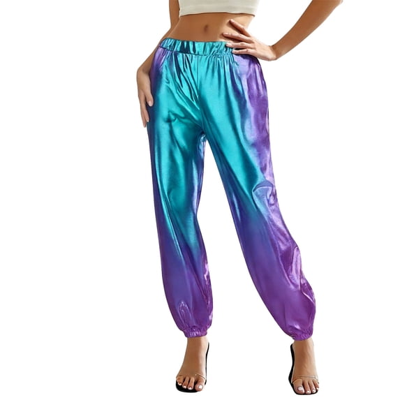 Cxenplz Shiny Metallic Pants for Women High Waist Shiny Jogger 70s Disco Dance Party Streetwear Trousers with Pockets
