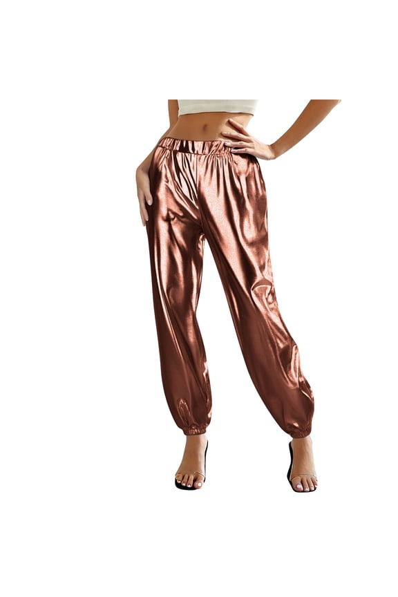 Shiny Metallic Pants for Women High Waist Shiny Jogger 70s Disco Dance Party Streetwear Trousers with Pockets