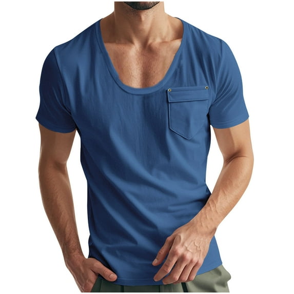 Cxenplz Tight Figure Men Slim-Fit T Shirt Solid Color Casual Fashion Scoop Neck Low-Neck Chest Pockets Short Sleeve T-shirt Lightweight Tops