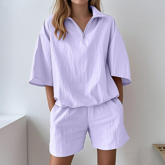 Cxenplz Two Piece Outfits for Women Turtleneck Zipper Short Sleeve Tops Shorts Summer Casual Comfort Sets with Pockets