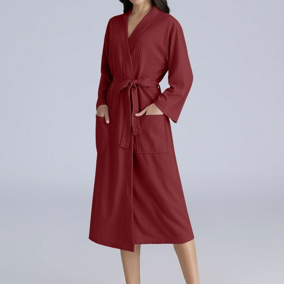 Cxenplz Waffle Robes for Women Bathrobe Lightweight Long Length 3/4 Sleeve Knit Bath Robes Female Loungewear with Pockets