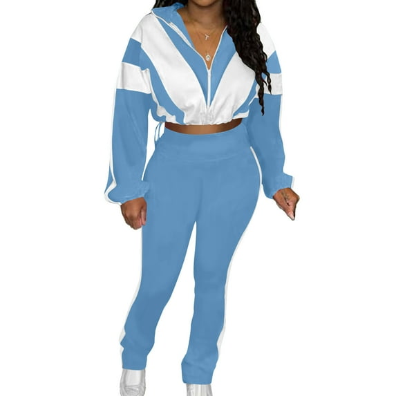 Cxenplz Women 2 Piece Outfits Tracksuits Plus Size Color Block Long Sleeve Crop Jacket Top High Waist Pants Set Two Piece Sweatsuits