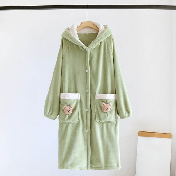 Cxenplz Women Hooded Plush Robe Soft Warm Fleece Winter Bathrobes Full Length Button Down Winter Loungewear