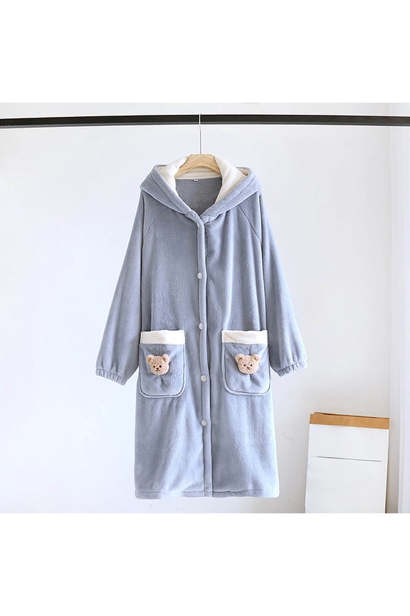 Women Hooded Plush Robe Soft Warm Fleece Winter Bathrobes Full Length Button Down Winter Loungewear