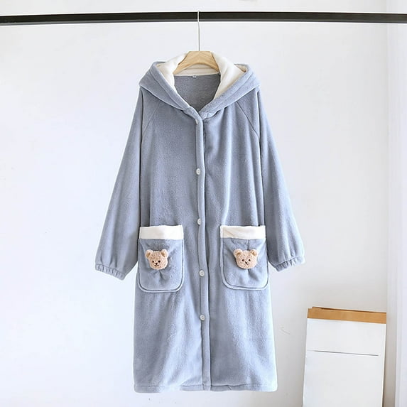 Cxenplz Women Hooded Plush Robe Soft Warm Fleece Winter Bathrobes Full Length Button Down Winter Loungewear