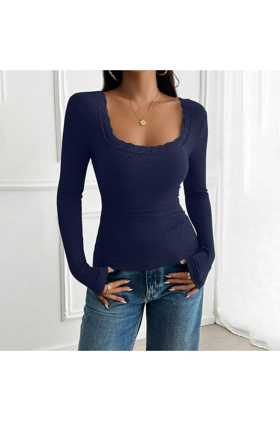 Women Long Sleeve T-Shirts Casual Lace Trim Fall Slim Fit Crop Tops Basic Blouse Y2k Teen Girls Streetwear