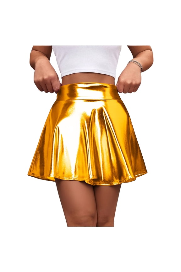 Women Metallic Skater Skirt Shinny Disco Skirt Rave Nightclub Dance Party Alien Costume