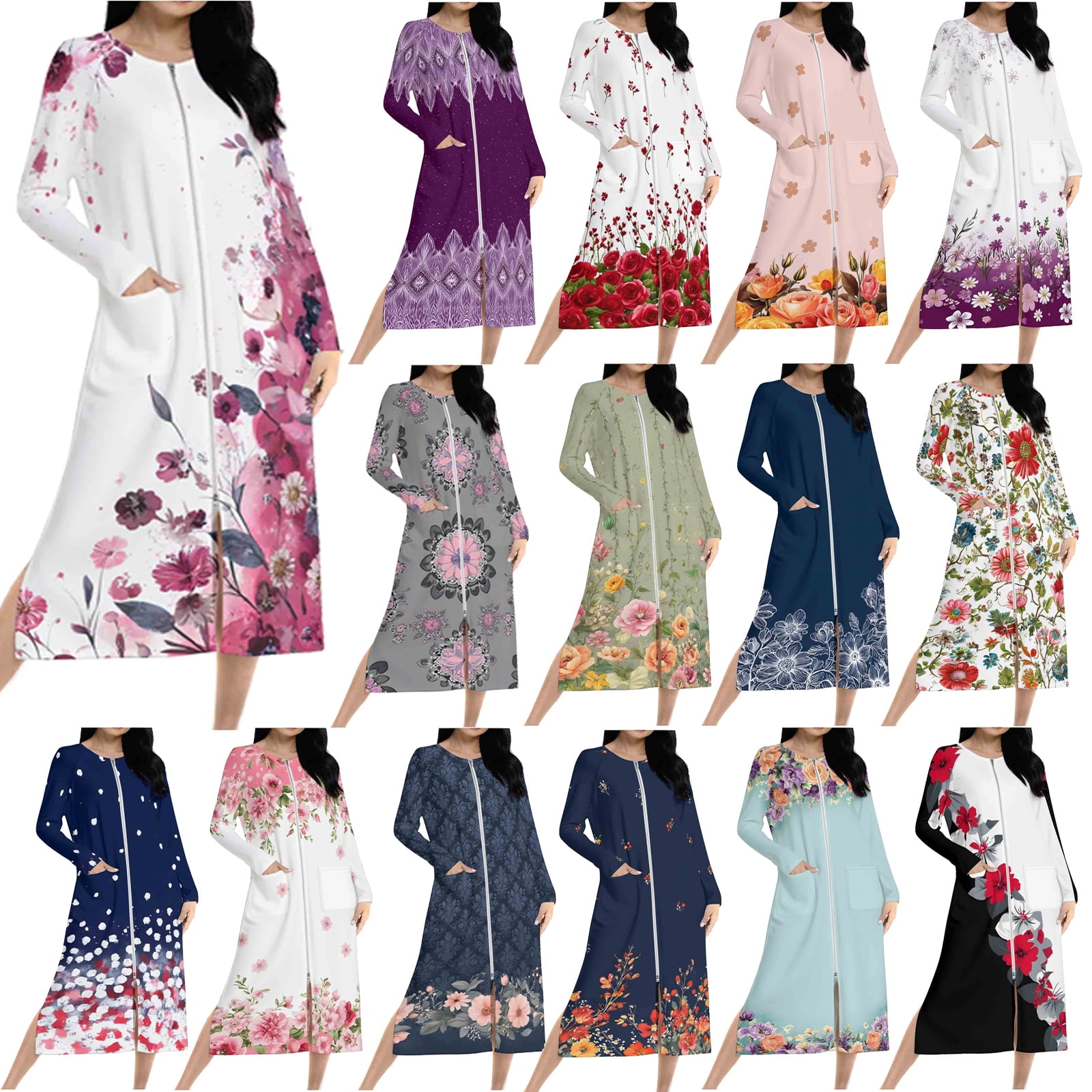 Cxenplz Women Zipper Robes Long Sleeves Housecoat Lightweight Bathrobes ...