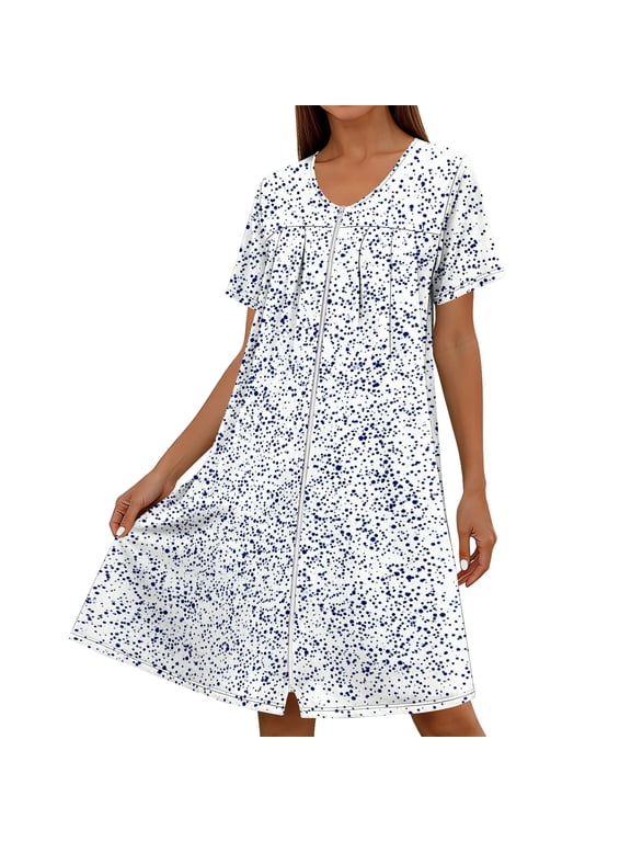 Women Zipper Robes Short Bathrobe Lightweight Short Sleeves Duster House Coat Zip Up Bathrobe Soft Nightgown