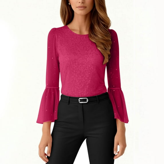 Cxenplz Women's 3/4 Sleeve Dressy Tops Elegant Crew Neck Blouse Fashion Casual Work Evening Party