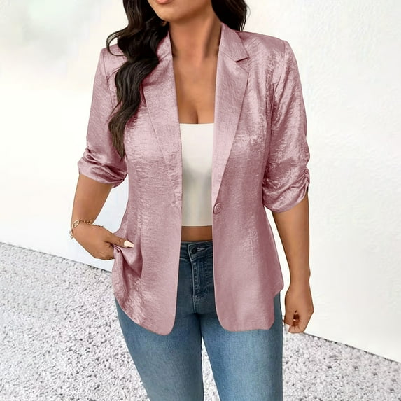 Cxenplz Women's Blazer Jackets Casual Ruched 3/4 Sleeve Jacket Notch Lapel Button Open Front Casual Blazers with Pockets