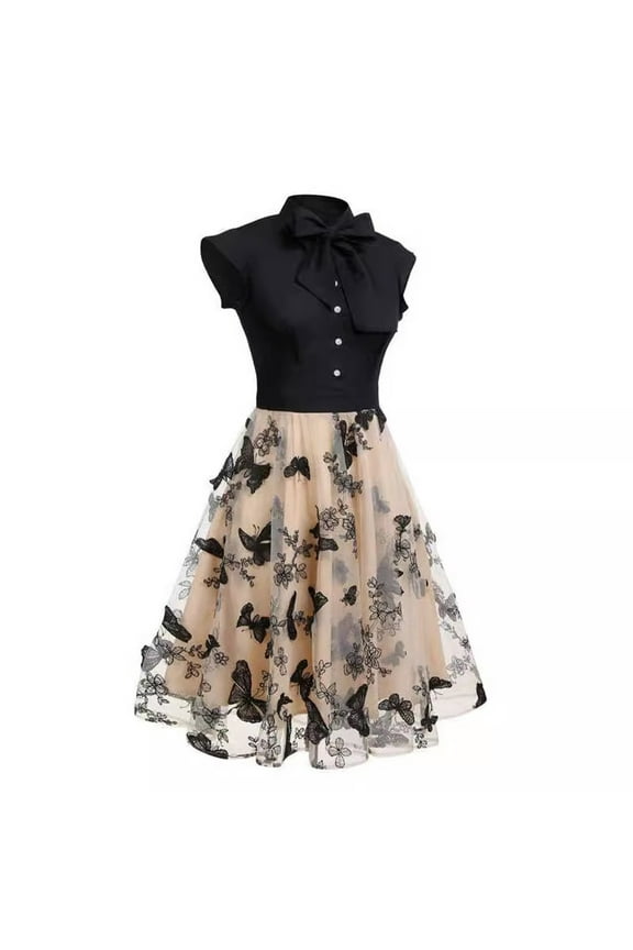 Women's Bow Elegant Cocktail Evening Dress Sleeveless Flying Sleeve Embroidery Dresses Round Neck Mini Prom Dress