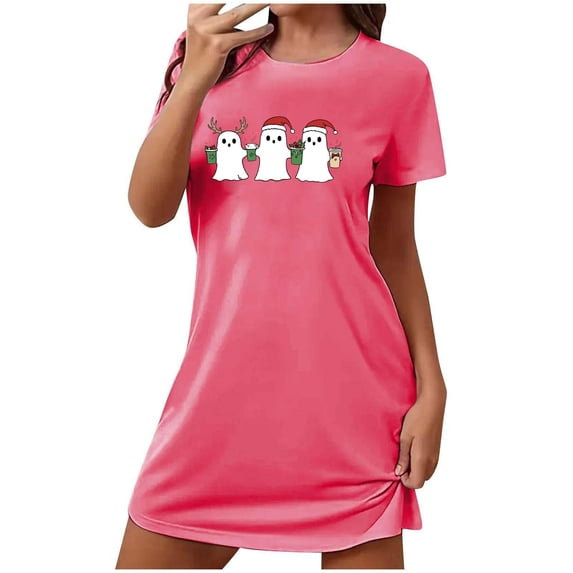 Cxenplz Women's Funny Halloween Nightgown Pumpkin Ghost Cute Graphic Sleepshirt Crewneck Short Sleeve Loose Pajamas Dress Sleepwear