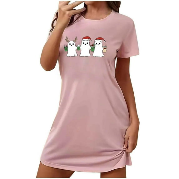 Cxenplz Women's Funny Halloween Nightgown Pumpkin Ghost Cute Graphic Sleepshirt Crewneck Short Sleeve Loose Pajamas Dress Sleepwear