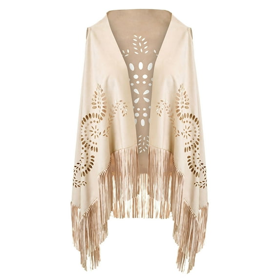 Cxenplz Women's Hollow Out Faux Suede Fringed Shawls and Wraps Vintage Stole Shrug Cape Scarf with Long Tassels