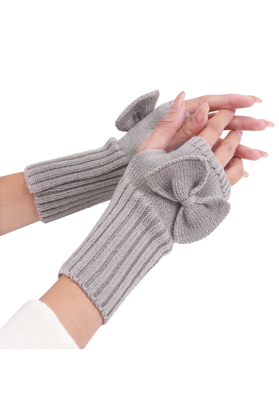 Women's Knit Fingerless Gloves Bowknot Crochet Thumb Holes Gloves Hand Wrist Mitten for Writing Texting