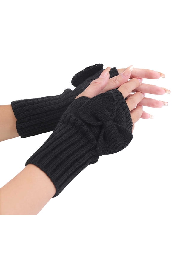 Women's Knit Fingerless Gloves Bowknot Crochet Thumb Holes Gloves Hand Wrist Mitten for Writing Texting